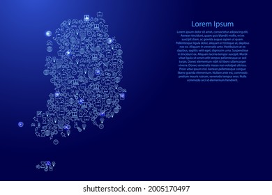 Mapa de Corea del Sur desde iconos azules y brillantes de estrellas conjunto de conceptos de análisis SEO o desarrollo, negocios. Ilustración vectorial.