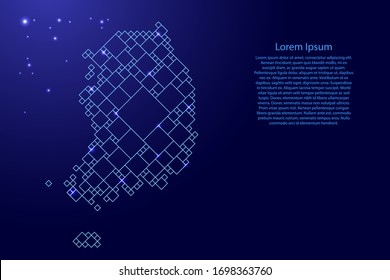 South Korea map from blue pattern from a grid of squares of different sizes and glowing space stars. Vector illustration.