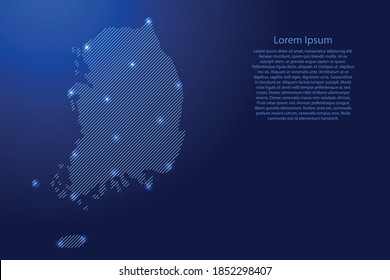 South Korea map from blue pattern slanted parallel lines and glowing space stars grid. Vector illustration.