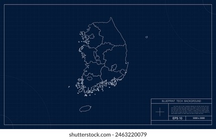 South Korea Map with Blueprint Tech Style Background.