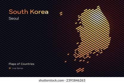 Mapa de Corea del Sur con capital de Seúl mostrado en un patrón de línea dorada. Serie de mapas de vectores de patrones de líneas de los países del mundo.