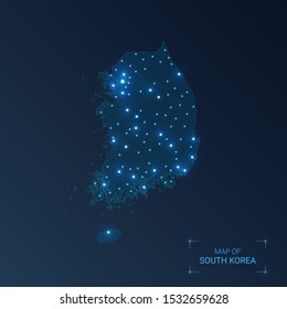 South Korea map with cities. Luminous dots - neon lights on dark background. Vector illustration. 