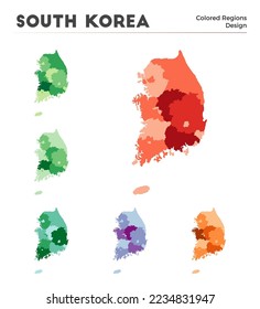 Colección de mapas de Corea del Sur. Fronteras de Corea del Sur para tu infografía. Regiones de países de colores. Ilustración vectorial.