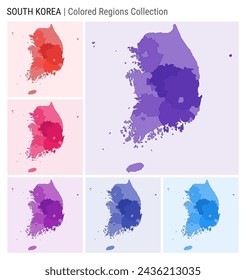 South Korea map collection. Country shape with colored regions. Deep Purple, Red, Pink, Purple, Indigo, Blue color palettes. Border of South Korea with provinces for your infographic.