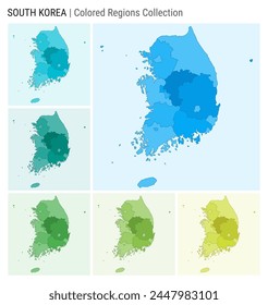 South Korea map collection. Country shape with colored regions. Light Blue, Cyan, Teal, Green, Light Green, Lime color palettes. Border of South Korea with provinces for your infographic.