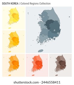 South Korea map collection featuring the country's shape with colored regions. Includes various color palettes like blue, grey, yellow, amber, orange, deep orange, and brown. Ideal for infographics or design projects.