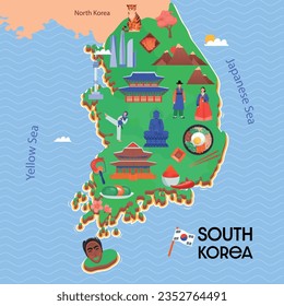 Composición del mapa de corea del sur con mapa con las principales atracciones del país en forma de iconos ilustraciones vectoriales