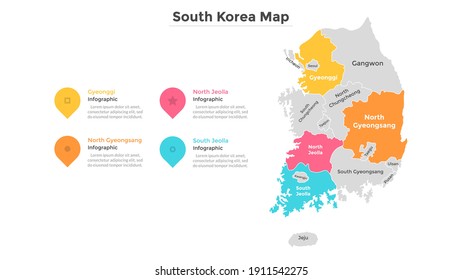 Mapa de Corea del Sur dividido en estados federales. Territorio de país con fronteras regionales. División administrativa. Plantilla de diseño infográfico. Ilustración vectorial para guía turística, pancarta.