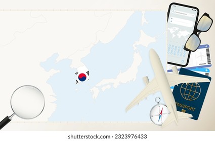 South Korea map and flag, cargo plane on the detailed map of South Korea with flag, passport, magnifying glass and airplane. Vector template.