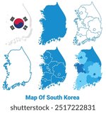 South Korea Map with flag and flat outline vector illustration set