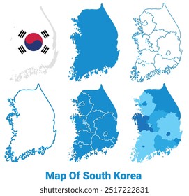 South Korea Map with flag and flat outline vector illustration set