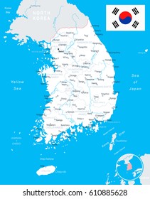 South Korea map and flag - highly detailed vector illustration