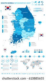 South Korea map and flag - highly detailed vector infographic illustration