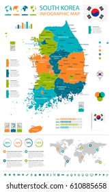 South Korea map and flag - highly detailed vector infographic illustration