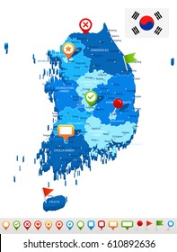 Mapa y bandera de Corea del Sur - ilustración vectorial altamente detallada