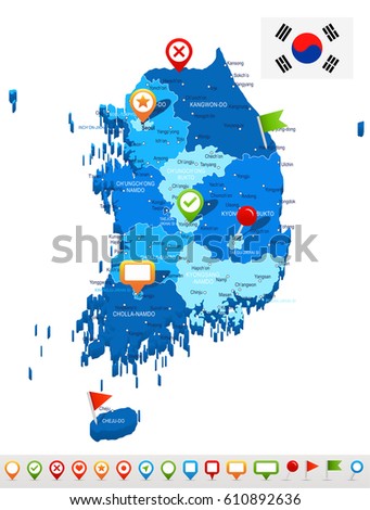 South Korea map and flag - highly detailed vector illustration