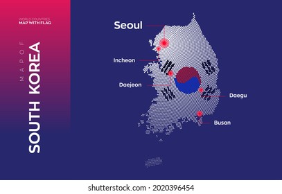 Mapa de Corea del Sur con infografía de la bandera. Mapa de vector abstracto de Corea del Sur con capital y ciudades importantes. Mapa de la composición de puntos en el fondo oscuro.
