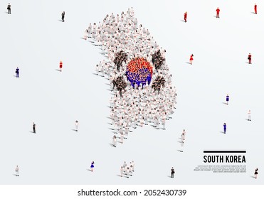 South Korea Map And Flag. A Large Group Of People In The South Korean Flag Color Form To Create The Map. Vector Illustration.