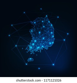 South Korea map glowing silhouette outline made of stars lines dots triangles, low polygonal shapes. Communication, internet technologies concept. Wireframe futuristic design. Vector illustration.