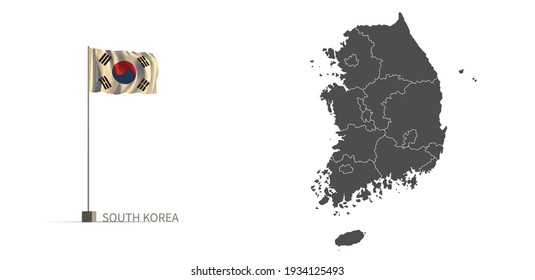 South Korea map. gray national vector map, and flag 3d illustration.