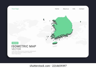 Corea del Sur mapea el verde sobre fondo blanco con vector isométrico.