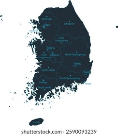 South Korea map high detailed with administrative divide by state, capital cities names, outline simplicity style. Vector illustration EPS10.