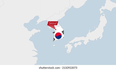 South Korea map highlighted in South Korea flag colors and pin of country capital Seoul, map with neighboring Asian countries.