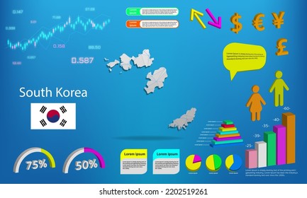 South Korea map info graphics - charts, symbols, elements and icons collection. Detailed South Korea map with High quality business infographic elements.