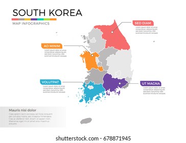 South Korea map infographics vector template with regions and pointer marks