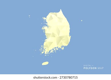 Coreia do Sul Mapa em estilo vetorial de polígono baixo, ilustração de forma geométrica com tons suaves amarelos no fundo azul, silhueta limpa para infográfico.