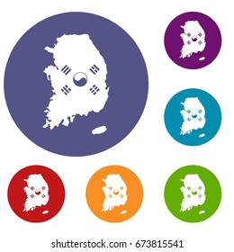 South Korea map with national flag icons set in flat circle reb, blue and green color for web