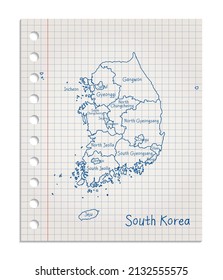 South Korea map on a realistic squared sheet of paper torn from a block vector