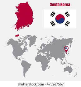 South Korea map on a world map with flag and map pointer. Vector illustration