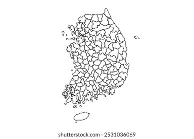 Descrição do mapa da Coreia do Sul, ilustração de doodle linear. isolado no fundo branco para layouts de site, fundo, educação, preciso, personalizável, Viajar em todo o mundo, mapa silhueta de fundo.