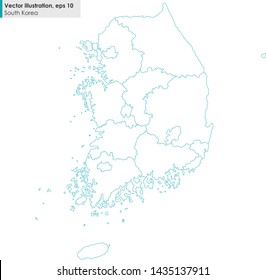 south korea map with regions vector line illustration on white background