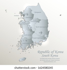 South Korea map, Republic of Korea, administrative division with names, white blue card paper 3D vector