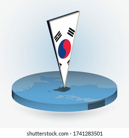 Mapa surcoreano de estilo isométrico redondo con bandera triangular 3D de Corea del Sur, mapa vectorial de color azul. 