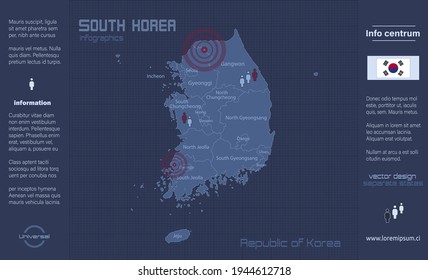 Mapa de Corea del Sur, regiones separadas con nombres, infografía, vector de diseño plano azul