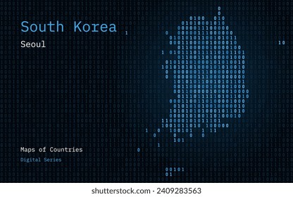 South Korea Map Shown in Binary Code Pattern. Matrix numbers, zero, one. World Countries Vector Maps. Digital Series