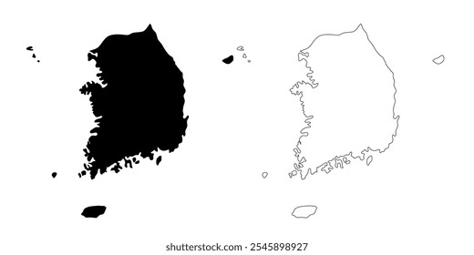 South Korea map in two solid black and outline variations.