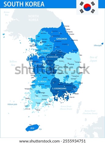 South Korea Map Vector Blue Spot - Customizable layered political map of South Korea with administrative divisions for website, education, reports, news, politics, print, poster and wallpaper