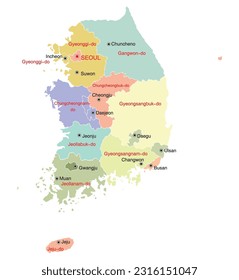 Mapa de Corea del Sur de ilustración vectorial sobre fondo blanco. Los mapas tienen todas las provincias y marcan la ciudad capital de Corea del Sur.