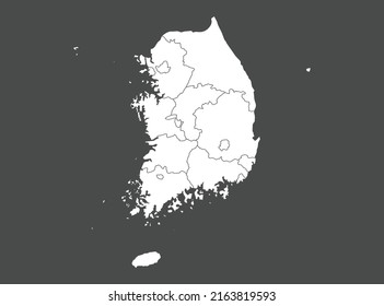 Mapa vectorial de Corea del Sur, color blanco, aislado en fondo gris