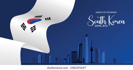 South Korea March 1st Movement Samiljeol flag ribbon with cityscape vector poster