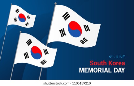 South Korea Memorial Day card vector illustration. Flag waving on dark blue background.