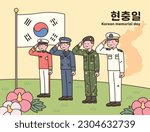 South Korea Memorial day. Soldiers in army, air force, navy and marine uniforms are saluting. June 6. Korean translation: Memorial Day.