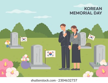 South Korea Memorial day. Two people are praying in silence at the memorial park cemetery. June 6