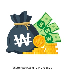 South Korea Money Vector Illustration. South Korean Won sack, coins and banknotes. Each object isolated.