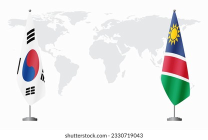 Corea del Sur y Namibia banderas para una reunión oficial en el fondo del mapa mundial.