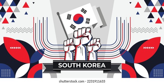 Banner del día nacional de Corea del Sur con fondo de tema de colores de la bandera surcoreana y diseño geométrico abstracto retro moderno rojo azul rojo diseño geométrico. Coreanos. Ilustración vectorial de los partidarios de los juegos deportivos.